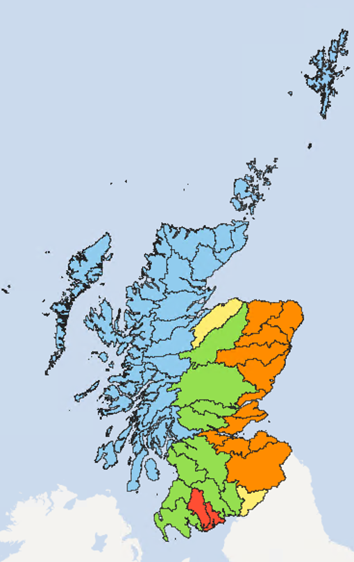 Map of Scotland showing the current water scarcity levels for this week
