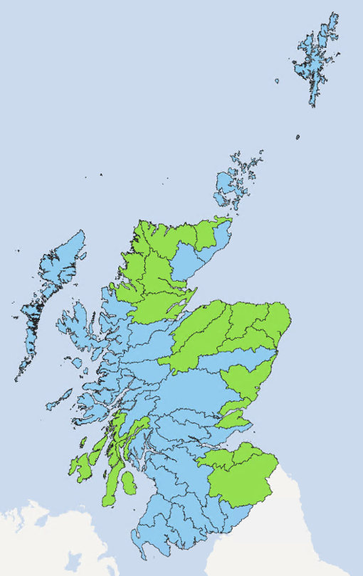 Map of Scotland showing the current water scarcity levels for this week