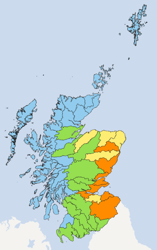 Map of Scotland showing the current water scarcity levels for this week