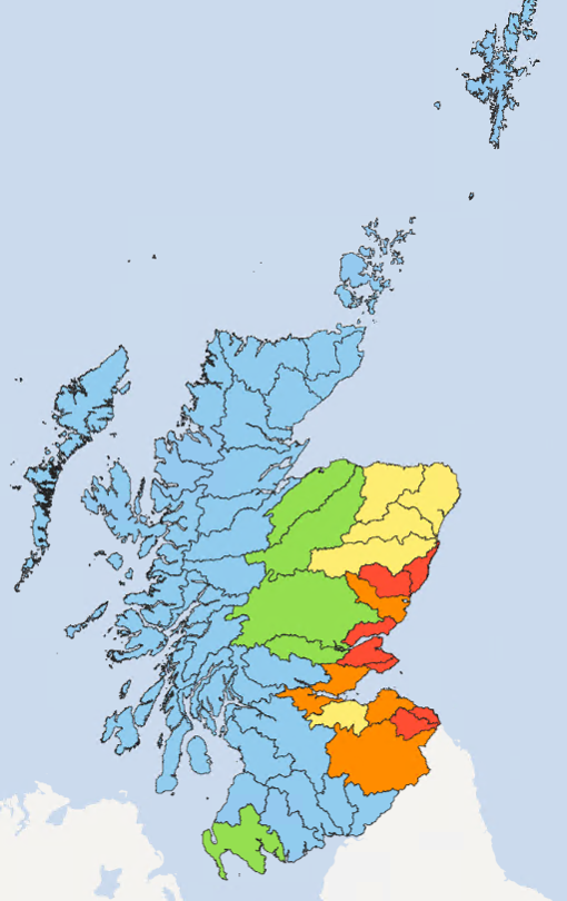 Map of Scotland showing the current water scarcity levels for this week