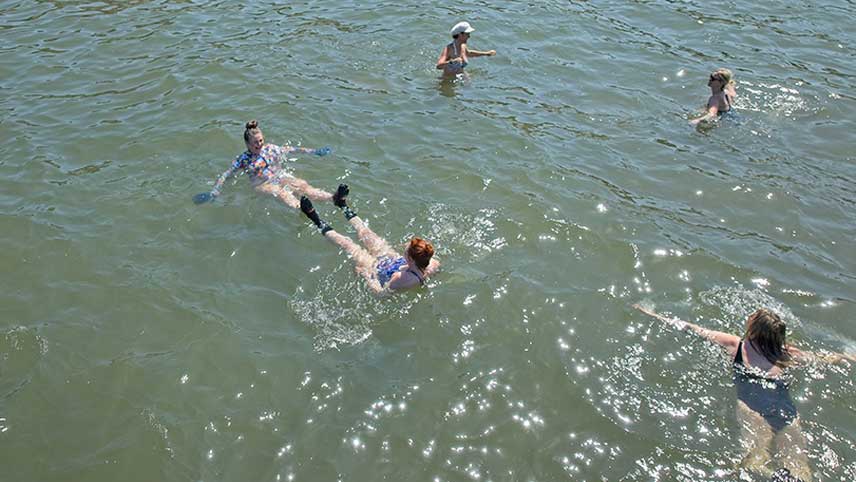 A group of people swimming 