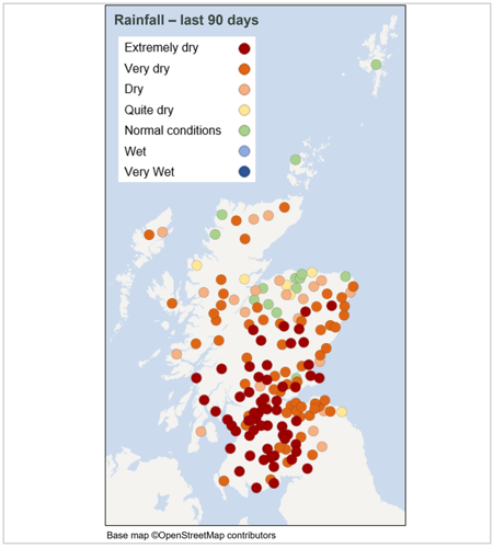 Maps of Scotland showing rainfall from each monitoring station, over autumn, relative to the long-term average for this time of year. The rainfall map (right) shows dry to extremely dry for most of the country. There are some stations along the Moray Coast and far North-west that have normal to quite dry conditions.  