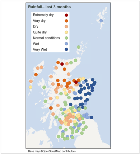 The  map shows across much of northern Scotland has experienced below average rainfall, generally ranging from quite dry (yellow) to very dry (dark orange). In southern Scotland, normal (green) to wet (light blue) conditions in the far south, but quite dry (yellow) to dry (light orange) conditions across central Scotland. The northeast, has experienced very wet conditions (dark blue). 