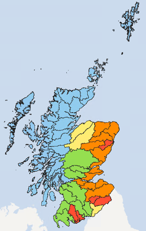 Map of Scotland showing the current water scarcity levels for this week