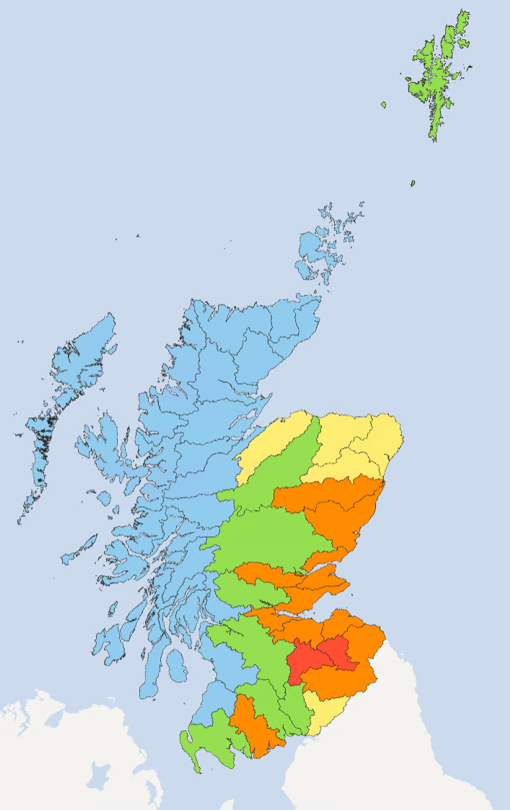 Map of Scotland showing the current water scarcity levels for this week
