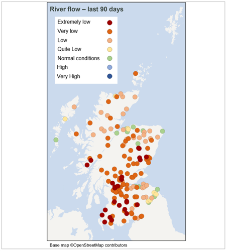 Map of Scotland showing river flows from each monitoring station, over autumn, relative to the long-term average for this time of year. The river flows map show low to extremely low across much of the country. Flows along parts of the Moray coast and far south-east are normal to quite low. 