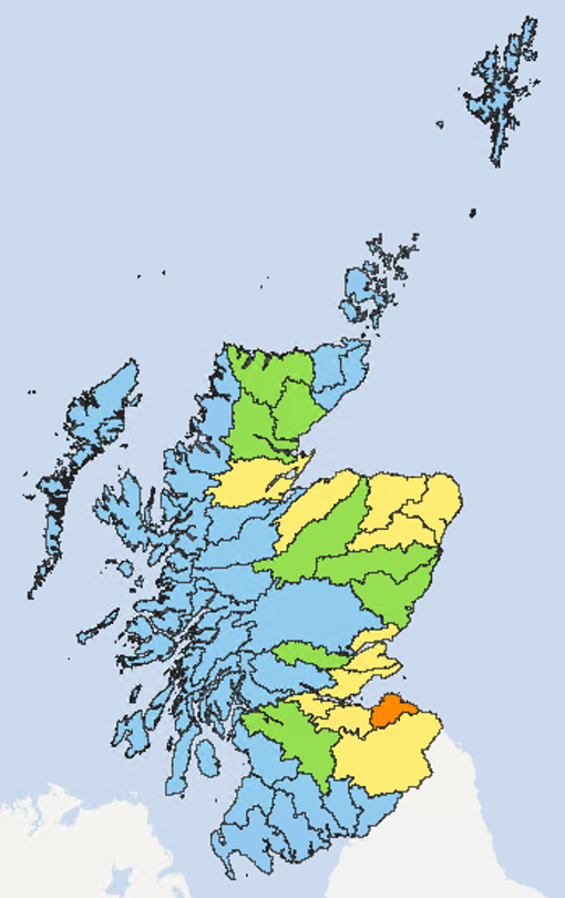 Map of Scotland showing the current water scarcity levels for this week