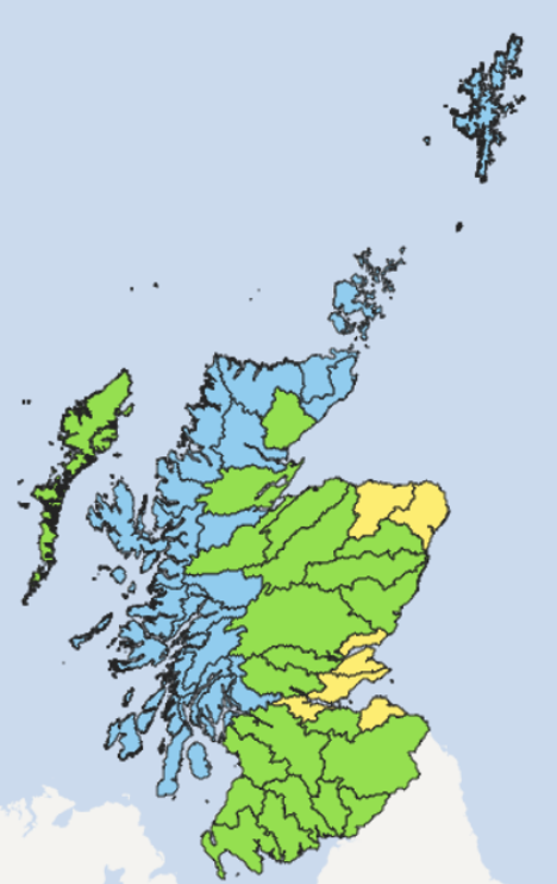 Map of Scotland showing the current water scarcity levels for this week