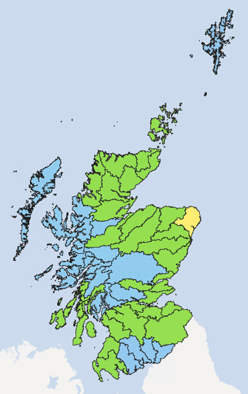 Map of Scotland showing the current water scarcity levels for this week