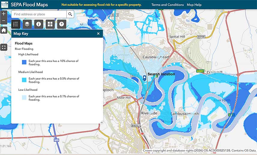 A screenshot of our flood map, showing areas at risk from river flooding. 