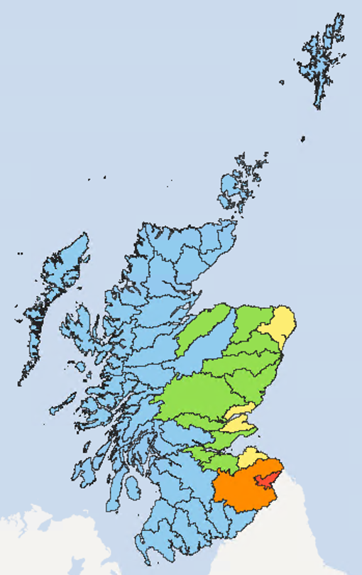 Map of Scotland showing the current water scarcity levels for this week