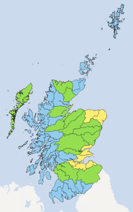 Map of Scotland showing the current water scarcity levels for this week