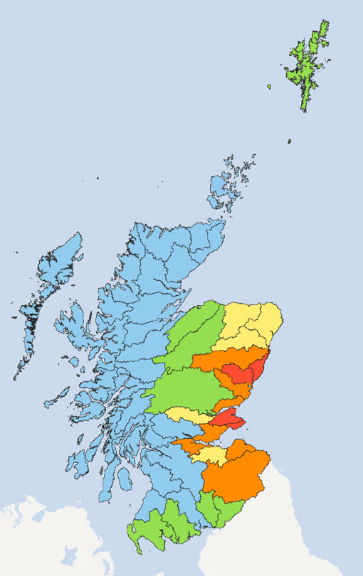 Map of Scotland showing the current water scarcity levels for this week
