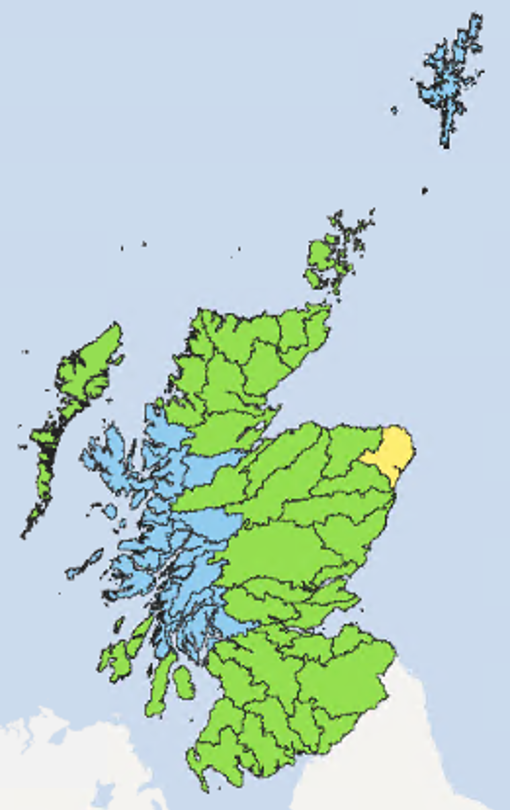 Map of Scotland showing the current water scarcity levels for this week