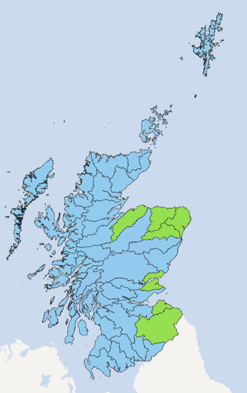 Map of Scotland showing the current water scarcity levels for this week