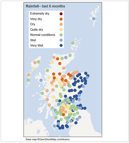 Across the east of Scotland, rainfall has generally ranged from wet (light blue) to very wet (dark blue). Much of the north of Scotland has experienced below average rainfall, generally ranging from quite dry (yellow) to very dry (dark orange). In southern Scotland rainfall ranging from dry (light orange) to normal (green), with areas of very wet conditions (dark blue) in the far south.  