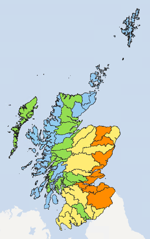 Map of Scotland showing the current water scarcity levels for this week