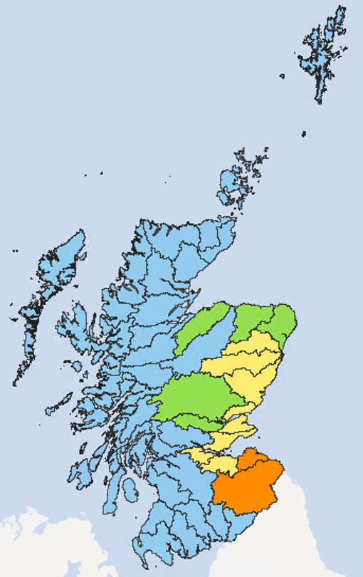 Map of Scotland showing the current water scarcity levels for this week