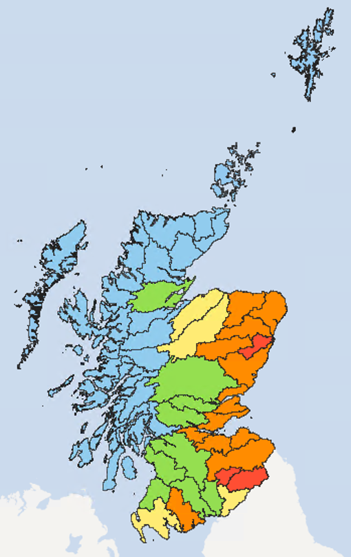 Map of Scotland showing the current water scarcity levels for this week