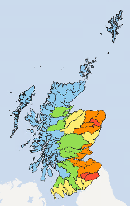 Map of Scotland showing the current water scarcity levels for this week