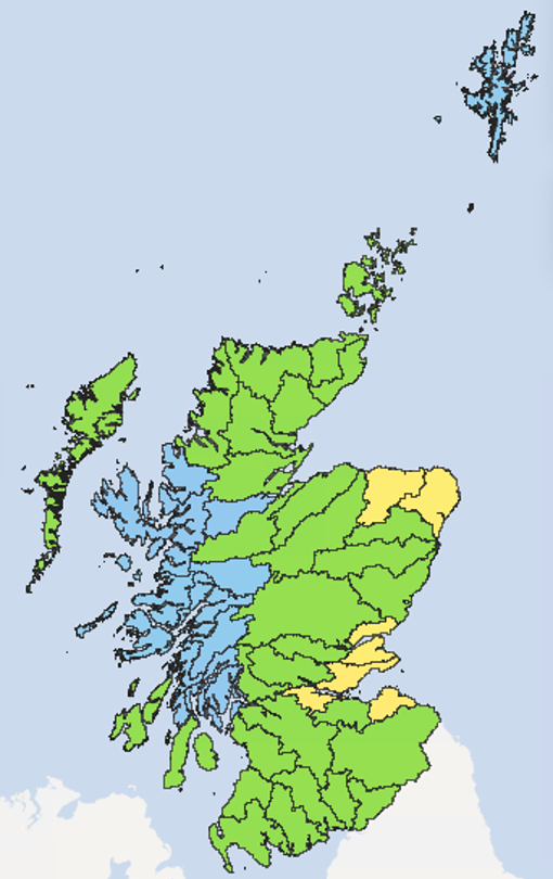 Map of Scotland showing the current water scarcity levels for this week