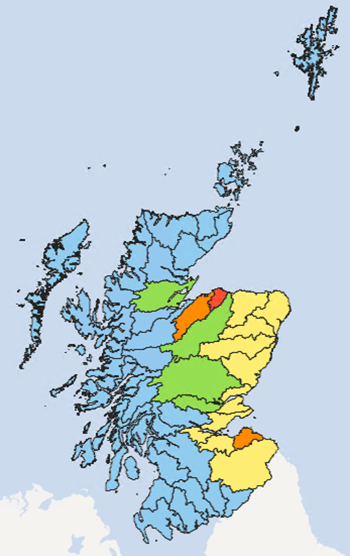 Map of Scotland showing the current water scarcity levels for this week