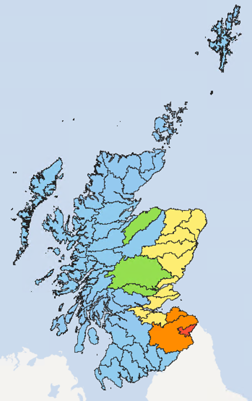 Map of Scotland showing the current water scarcity levels for this week