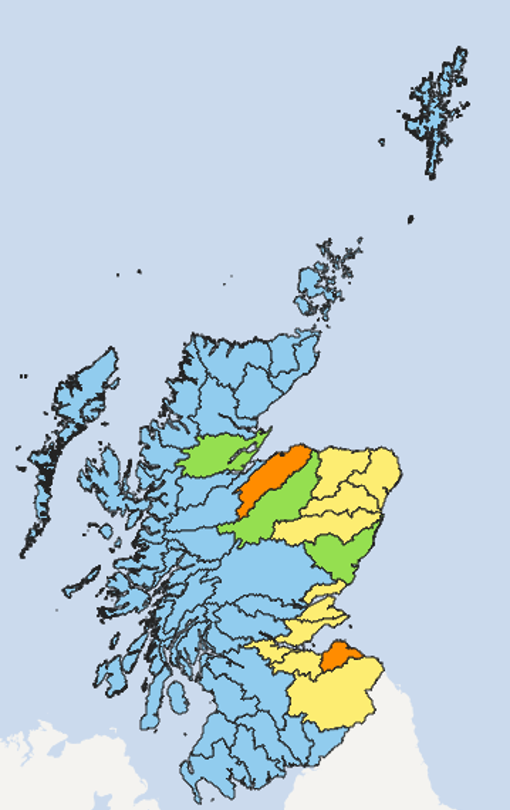 Map of Scotland showing the current water scarcity levels for this week