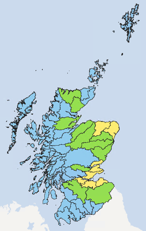 Map of Scotland showing the current water scarcity levels for this week