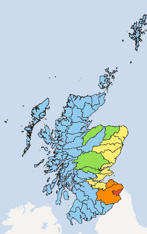 Map of Scotland showing the current water scarcity levels for this week
