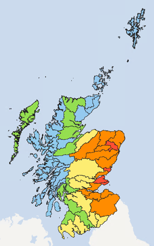 Map of Scotland showing the current water scarcity levels for this week